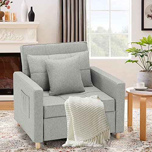 Esright 40 Inch Sleeper Chair Bed 3-In-1 Convertible Futon Chair Multi-Functional Sofa Bed Adjustable Reading Chair, Sofa, Bed, Sleeper Chair With Modern Linen Fabric, Light Grey #TOP5