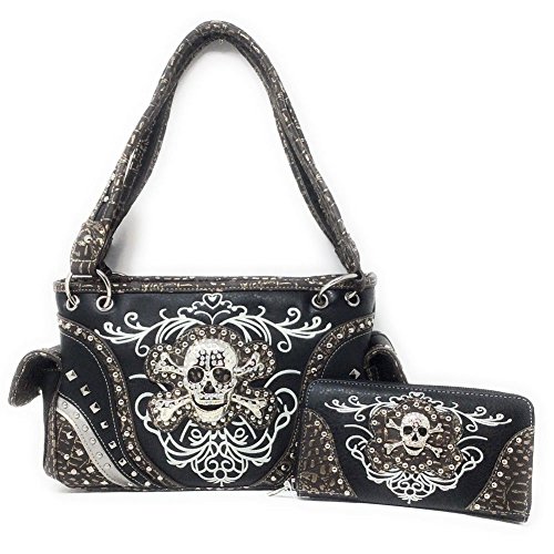 Premium Rhinestone Western Women's Metal Skull Handbag Purse Matching Wallet in 3 colors.