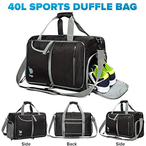 bago Gym Bags for Women and Men - Small Packable Sports Duffle Bag for Women with Shoe Compartment and Wet Pocket (40 Liter Black)