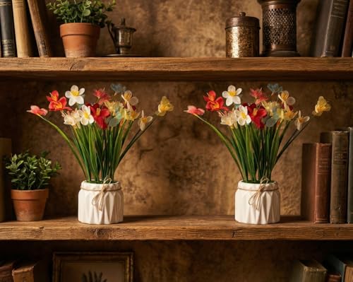Image of Dekorly Artificial Lavender Plant in White Pot, 18cm - Realistic Faux Flower Arrangement for Home & Office Decor (Set of 1) (2, Grass Lily)