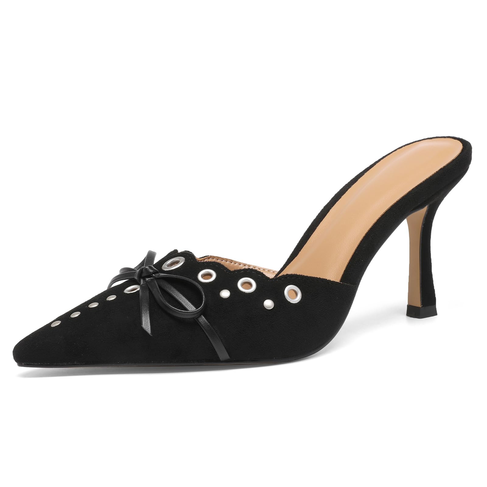 Studded Heeled Mules for Women Suede Slip On Bow Tie Pumps Shoes Backless Stiletto Heels Pointed Toe Dress Slide Sandals 12 Black