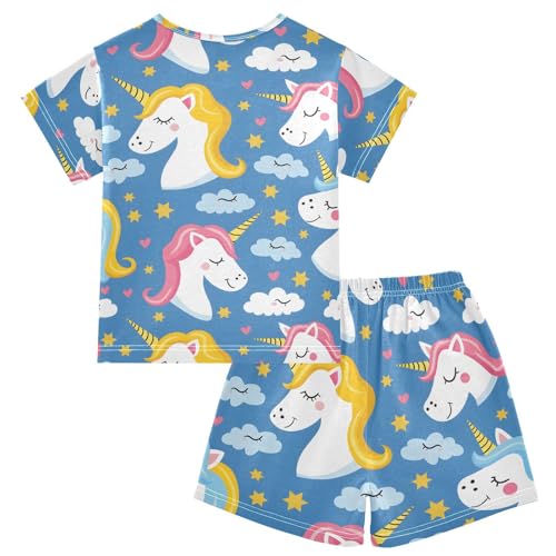 ALAZA Cute Unicorn Cloud Star Blue Pajamas Short Sleeve 2 Piece Sleepwear Top and Bottom Pajama Set Unisex2