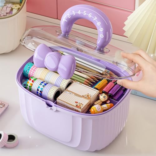 Image of Noamus 10 inch Multipurpose Storage Box with Removable Tray, 2 Layer Cute Hair Accessories Organizer, Clear Plastic Folding Craft Case for Headbands, Sewing, Clips Ties Supplies, Purple