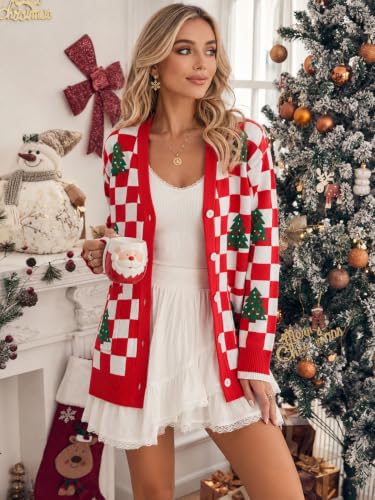 Checkerboard Christmas Tree Oversized Cardigan for Women - Image 2