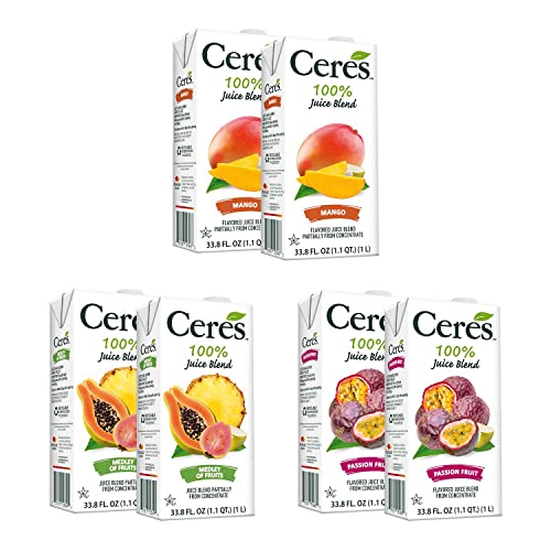 Ceres 100% All Natural Pure Fruit Juice Blend Variety Pack - Mango, Medley of Fruits, & Passion Fruit - Rich in Vitamin C, No Added Sugar, Gluten Free & Kosher Free - 33.8 FL OZ (Pack of 6)