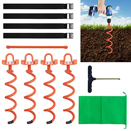 MIXXIDEA 11.4 Inch Gound Anchors Screw in, Metal Spiral Earth Anchors Kit, Heavy Duty Folding Ring Spiral Stake with Straps, Ground Stakes for Tent (Orange, 11.4 Inch with 92in Straps)
