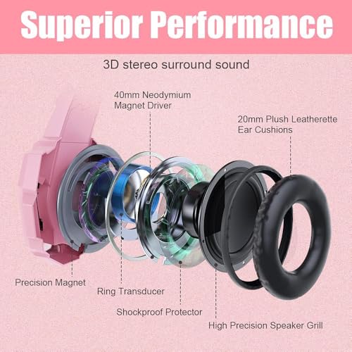 Image of BENGOO G9000 Professional Gaming Headset for PS4, PC, Xbox One Controller, Noise Cancelling Over Ear Headphones with Mic, LED Light, Bass Surround, Soft Memory Earmuffs for Laptop - Pink