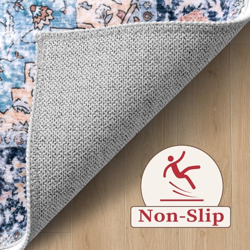 SERISSA Boho 8x10 Area Rugs, Washable Vintage Large Living Room Rug Non-Slip, Ultra Soft Oriental Print Distressed Tribal Farmhouse Blue Orange Carpet for Dining Room Bedroom Dorm Office Home Decor