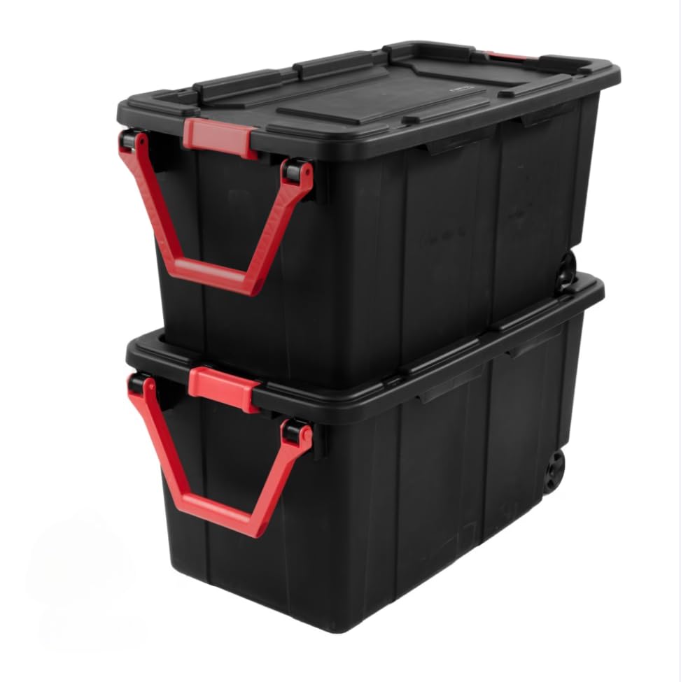 2 Pack 40 Gallon Wheeled Plastic Storage Totes, Black
