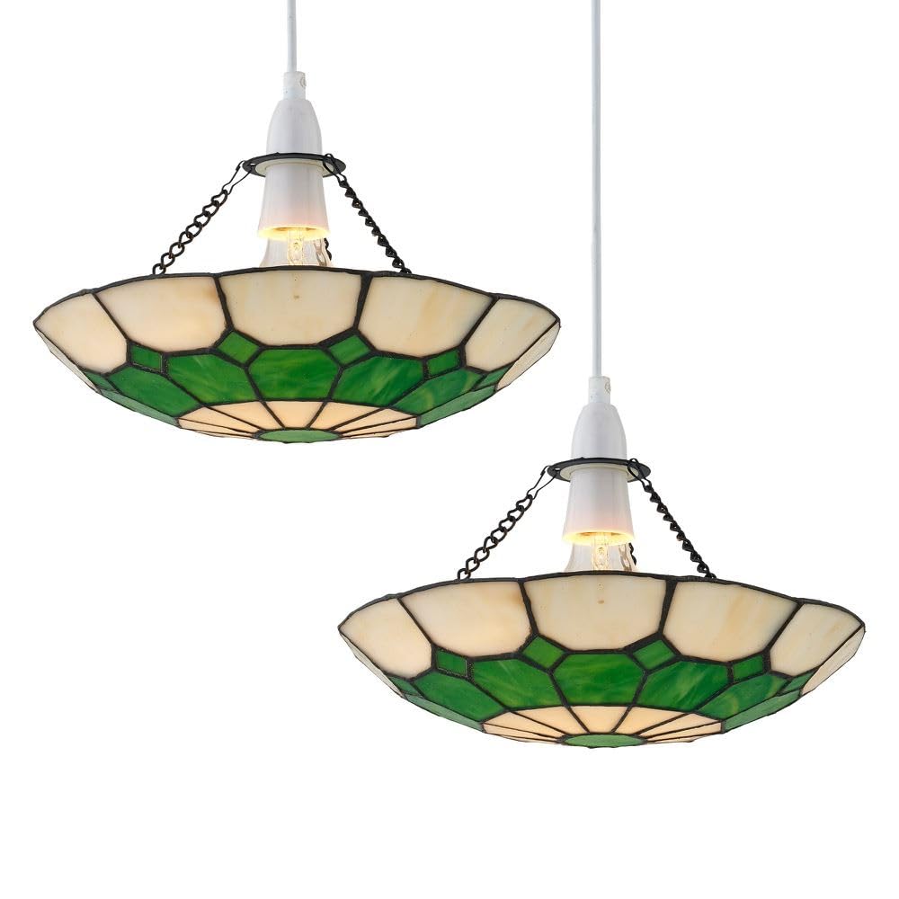 Firstchoicelighting Multi Coloured Set Of 2 Green Tiffany Uplight Pendant Shades, Easy Fit Ceiling Lightshades, Traditional Coloured Glass Design