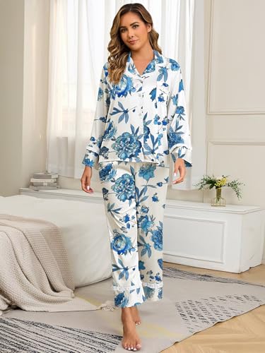 Image of Jusfitsu Women's Silk Satin Pajamas Long Sleeve Ruffle Button Down Pjs Sets