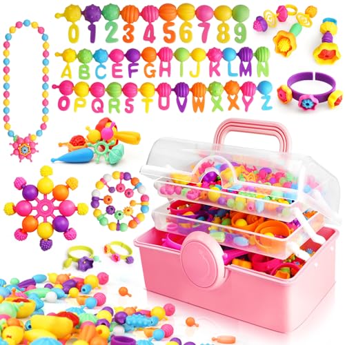 FUNZBO 850pcs Pop Beads - Jewelry Making Kit for 3 4 5 6 7 8 Year Old Little Girls Arts and Crafts Toys for Kids Necklace Bracelet Ring Hairband Creativity Snap Set Birthday Gifts for Kids
