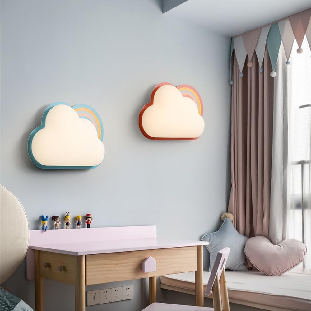Modern LED Kids Wall Sconce Nordic Cartoon Rainbow Clouds Girl's Room Wall Light Fixture Indoor Pink Nursery Wall Mounted Lamp Blue Bedroom Wall Lighting for Kindergartens Baby Rooms Bedside