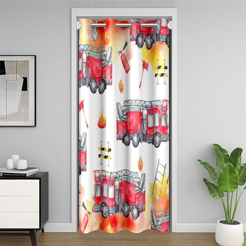 Fire Camion Rideau de Porte 86x203cm Pompiers Rideau Occultant Rideaux pour Salon Rideaux Exterieur d'entrée Pompiers Voitures Vehicle Cartoon Voitures...