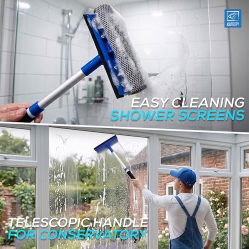 Image of 2 in 1 Telescopic Window Squeegee with Durable Squeegee Blade and Sponge Attachment - Window Cleaning Kit Perfect to Use as Shower Cleaner Squeegee, Window Cleaner & Car Window Squeegee