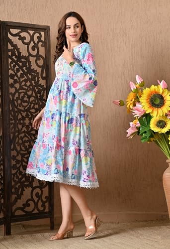 Image of LIBOZA 100% Cotton Floral Print Tiered Midi Dress, Bell Sleeves, Lace Trim Detail, White and Multicolour for Women, Office, Party, All Occassions