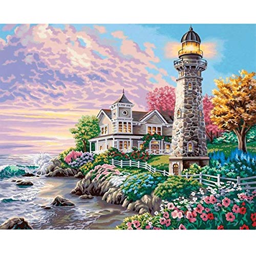 Artoree DIY 5D Diamond Painting by Number Kit for Adult, Full Drill Diamond Embroidery Kit Home Wall Decor-20x14 Light House