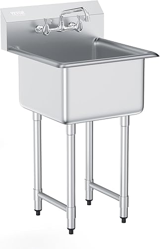 VEVOR Fregadero de acero inoxidable para preparación y utilidad, fregadero pequeño de pie con 1 compartimento, incluye grifo y patas, fregaderos