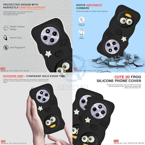 Image of AESTMO Back Case Cover for Redmi A4 / 14C / Poco C75 / M7 5G | 3D Cute Fun Cartoon Characters | Anti Slip Grip Cute Wave Curly Frame Shape | Full Body Protection Back Cover (Black)