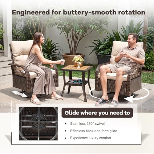 Devoko Patio Furniture Set Outdoor 3 Pieces Wicker Swivel Rocking Chairs Set of 2 with Coffee Table, Patio Conversation Set for Porch, Balcony, Deck, Garden (Brown) - Image 4