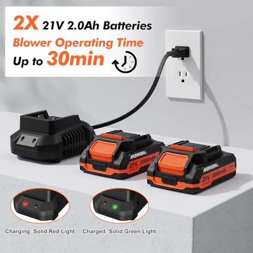 Image of Leaf Blower Cordless - 21V Powerful Electric Leaf Blower with 2 Batteries and Charger, 2 Speed Modes, 2.0Ah Lightweight Battery Powered Leaf Blowers for Lawn Care, Patio, Dust, Blowing Leaves