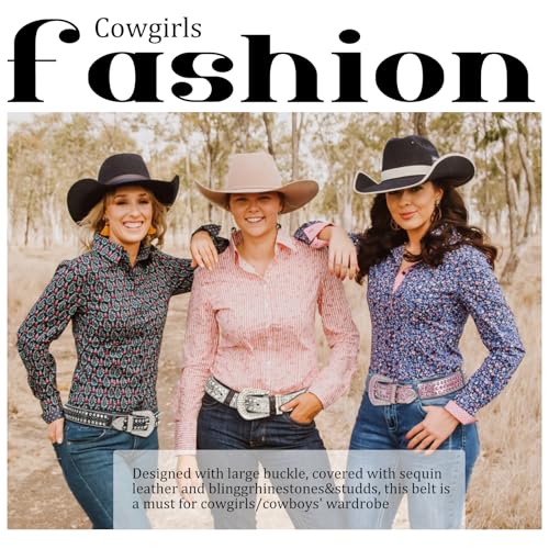 Women Western Rhinestone Studded Leather Belt Cowgirl Bling Waist Belt for Jeans Dress2