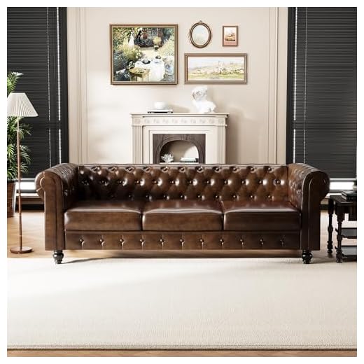 DOOSOODAA Chesterfield PU Leather Couch 3 Seater Sofa, 89" Modern Luxurious Large Button-Tufted Sofa Couch, Home Upholstered Deep Seat Sofa for Living Room Furniture Brown
