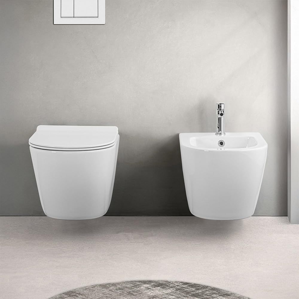 Set Sanitari Vaso + Bidet Sospesi Rimless Bianco con Copriwater Soft-Close