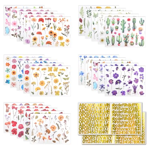 500Pcs Natural Flower Stickers with 260Pcs Letter Stickers,Self-Adhesive Flower Sticker for Scrapbooking Supplies Junk Journal Bullet Journal Planner Laptop (Flower Stickers with Letter Stickers)