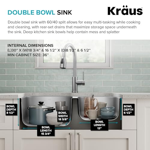 Image of KRAUS Premier 32-inch Undermount 60 /40 Double Bowl with Low Divider 18-Gauge Stainless Steel Kitchen Sink with Strainers (x2), KBU24