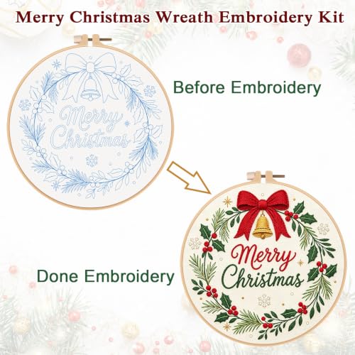 Image of Louise Maelys Merry Christmas Wreath Embroidery Kit for Beginners Adults
