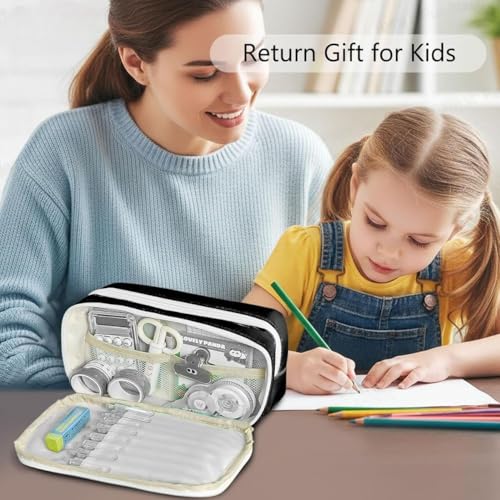 Image of Canvas School Bag Pencil Case, 3 Layer 6 Compartment Large Capacity, Aesthetic Pencil Pouch for Stationary, Cute Stationery for Kids, Pencil Case for Girls & Boys (Nice Day Black)