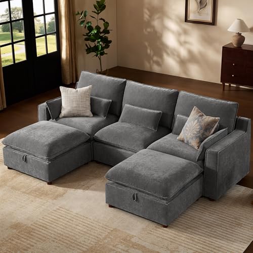 Image of WorthFurni Modern Modular Sectional Sofa,103 inch U Shape Minimalist Couch with Storage Ottoman,Comfty 4 Seat Sofa for Living Room,Grey Chenille