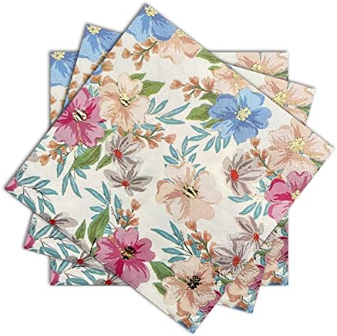 Paper Napkins Bright Flowers with Gold Foil Disposable Luncheon Napkins Party Supplies, 6.5 x 6.5in 40 Pieces (White)