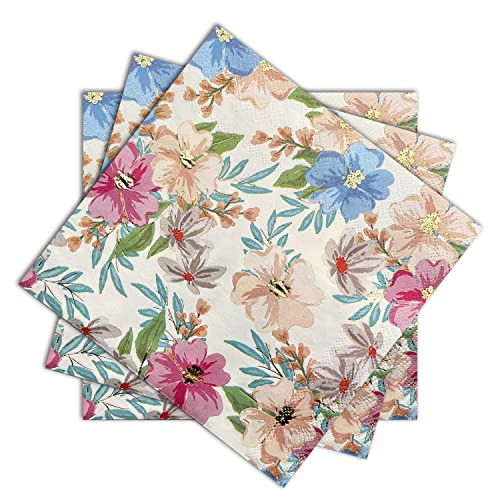 Paper Napkins Bright Flowers With Gold Foil Disposable Luncheon Napkins Party Supplies, 6.5 X 6.5In 40 Pieces (White) #TOP3