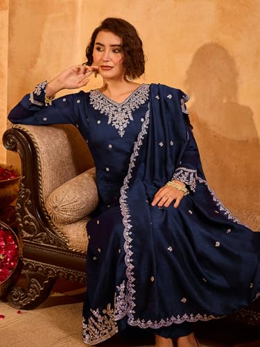 Image of Naixa Women's Vichitra Silk Embroidered A-Line Kurta with Pant and Dupatta Sets (NX-845)