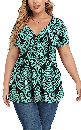 TIANZHU Camisetas casuales de manga corta para mujer, camisetas de verano holgadas, blusa con cuello en V, F Negro Verde, XXXL