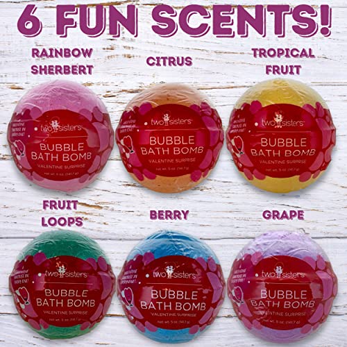 Two Sisters Valentines Bath Bombs For Kids, Bubble Bath Bomb With Surprise Squishy Toy Inside, 6Pk Gift Set For Women, Relaxing Scents, Moisturizes Dry Skin, Releases Color, Won't Stain Tub #TOP2