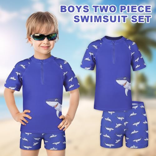 BSBUY Badeanzug Jungen 2Pcs Cartoon Blauer Hai Jungen Beach Badeanzug UV-Schutz Badebekleidung mit Oberteile Badehosen Schnelltrocknend Atmungsaktiv Bademode Schwimmanzug für Wassersport Surfen (110)