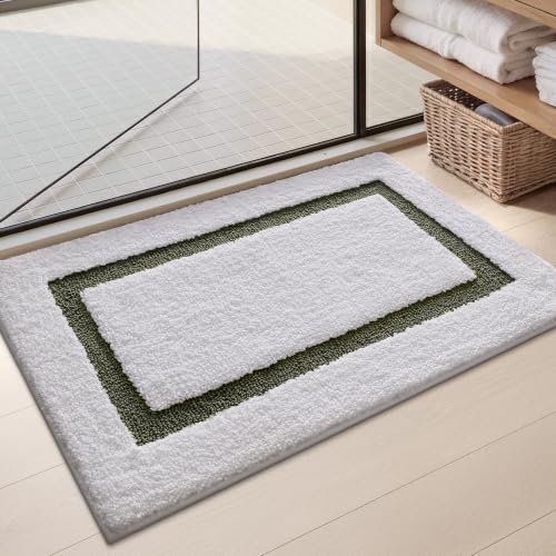 Image of Color&Geometry White Bathroom Rugs 36x24, Extra Soft Absorbent Microfiber Bath Rugs, Non-Slip Bathroom mat, Washable Plush Bath Mats for Bathroom, Shower, Bathtub, Laundry, White Green