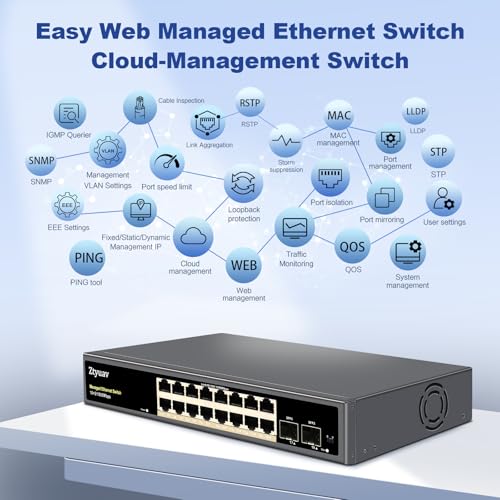 Image of 18-Port Full Gigabit Easy Smart Managed Ethernet Switch-16 RJ45 Ports & 2 SFP Ports, Web & APP Managed, VLAN /QoS /IGMP /LAG /TELNET /CLI Supported, Home Office Network Hub, Metal Plug & Play