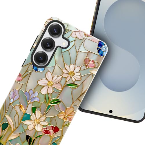 TnXee Case for Samsung Galaxy S25,Stained Glass Bloom Flower Phone Case Drop Resistant Glossy 2 in 1 Solid Dual-Layer Cover for Girl Women by TnXee - Used condition - Image 2