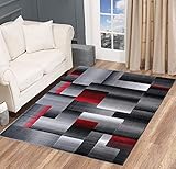 Champion Rugs Squares Modern Geometric Hand Carved Red Grey Black Area Rug Easy to Clean Stain & Fad