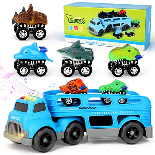 Kramow Dinosaurier Transporter Truck mit 6 Pack Dinosaurier Tier Auto,Spielzeug ab 3 Jahre Junge,Dinosaurier Spielzeug Geschenke für Kinder