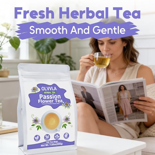 Image of Olvvla - Passion Flower Tea Bags - 100 Count - Premium Passionflower Leaves | Edible dried passionflower herb leaves, Non-GMO and caffeine-free, soft floral aroma, sleep-friendly soothing infusions