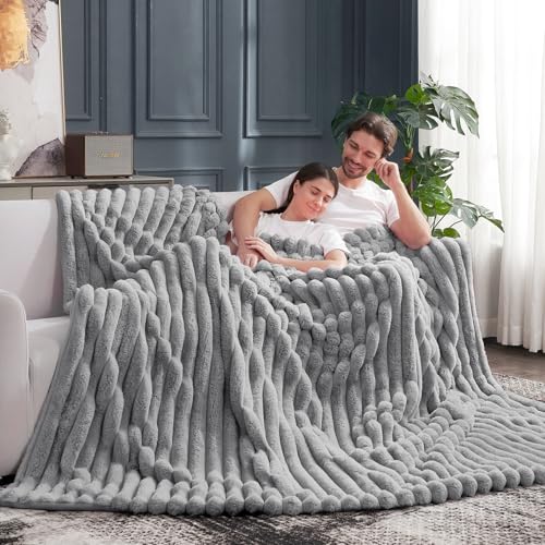 Cozy Bliss Faux Fur Throw Blanket for Couch, Cozy Warm Plush Striped Blanket for Sofa Bedroom Living Room, 108 * 90 Inches Gray by Cozy Bliss - Image 3