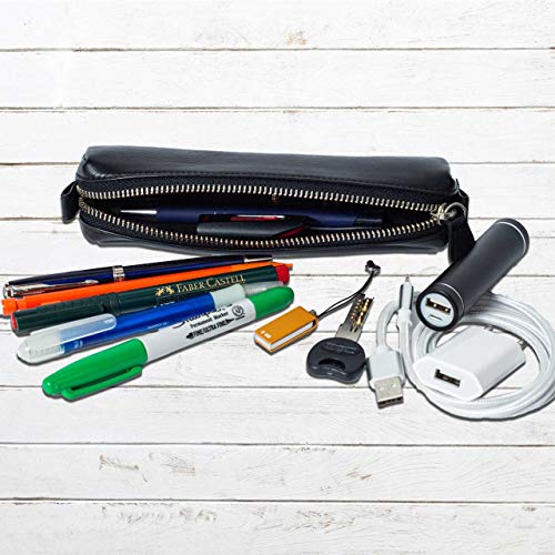 Image of DiLoro Leather Zippered Fountain Ballpoint Rollerball Pens and Pencils Case Holder Pouch Genuine Full Grain Soft Nappa Leather (Black)