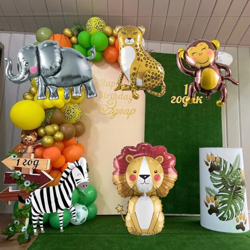 Image of Large Animals Foil Balloons for Jungle Safari Birthday Party Decorations | Big Lion Zebra Elephant Monkey Leopard Balloons for Kids Boys Young Wild One Two Three Zoo Baby Shower Party Decor Supplies