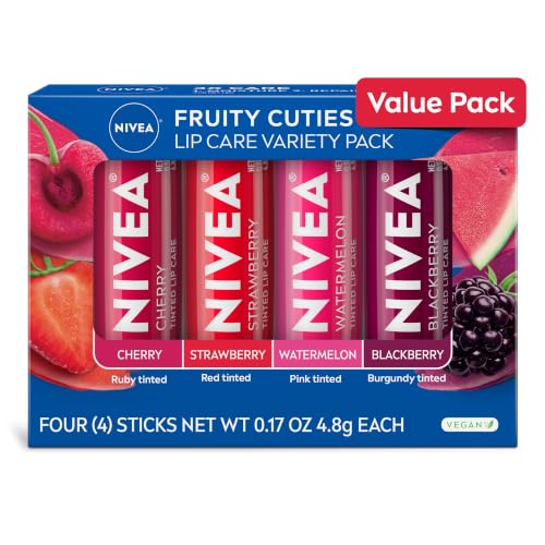 NIVEA Lip Care, Fruity Tinted Lip Balm Variety Pack, Cherry, Strawberry, Blackberry and Watermelon Flavors, 3-in-1 Moisture, Repair and Color, 0.17 Oz Stick, Pack of 4