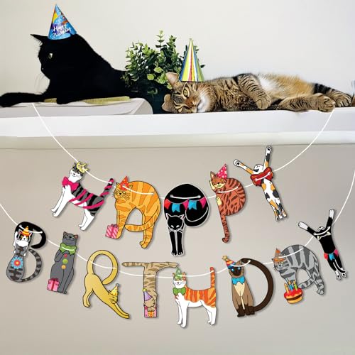 Image of Happy Birthday Cat Banner Garland - Cute Kitten Birthday Party Decorations for Kitten Lovers | Colorful Cat Themed Party Supplies for Kids, Girls, Boys | Funny Cats Breed Bunting Decor